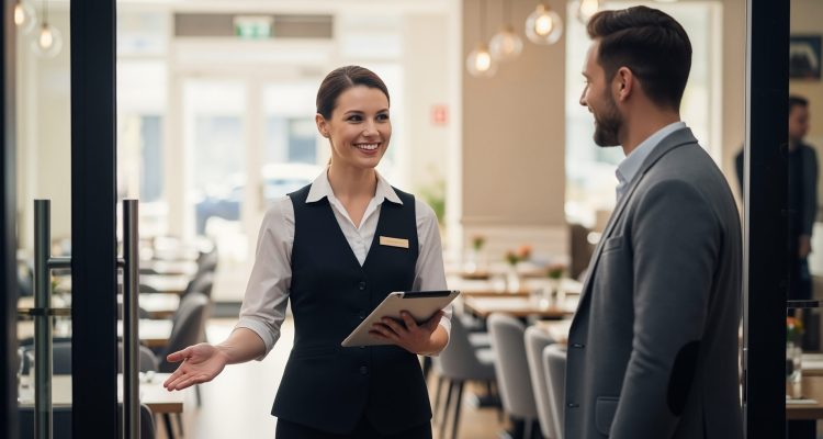Professional smiling hostess with a tablet warmly welcoming a male guest into a modern luxury restaurant